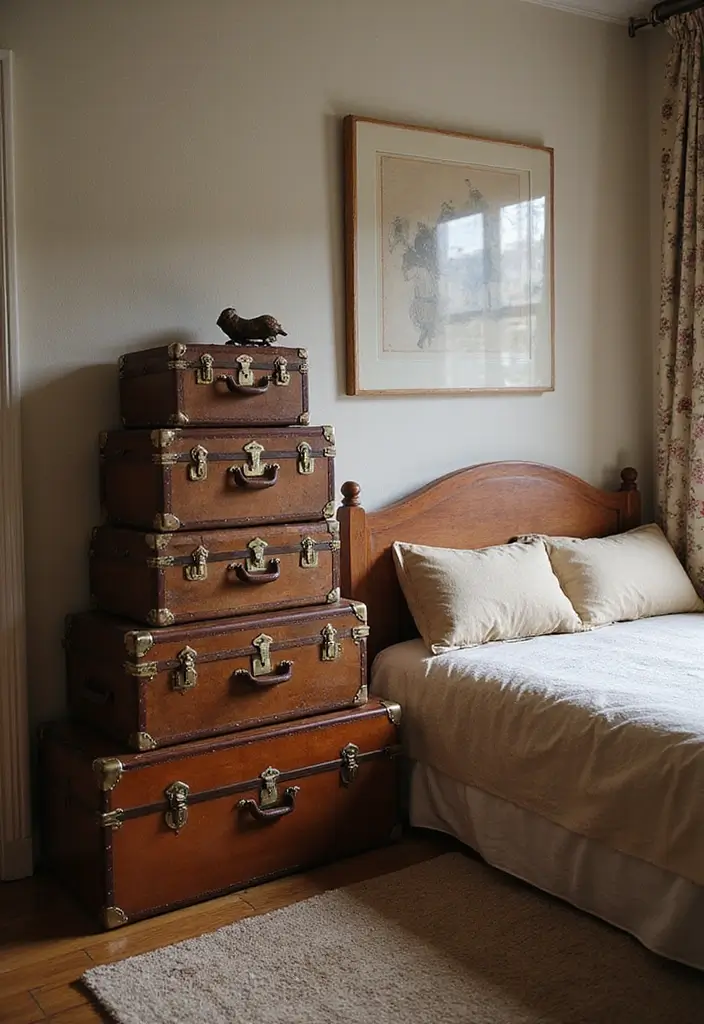 25 Romantic Vintage Bedroom Ideas That Feel Timeless & Intimate - 17. Vintage Trunks and Suitcases