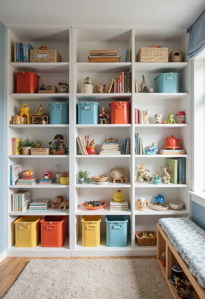30 Kids Bedroom Shelving Ideas That Keep Things Cute & Organized - 5. Clear Storage Bins on Open Shelves