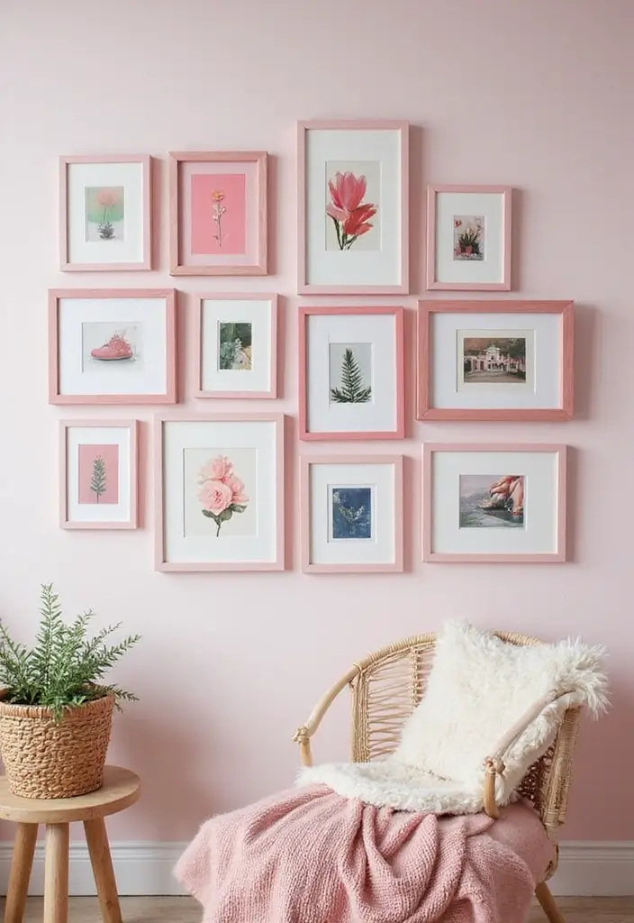 30 Pink Aesthetic Bedroom Ideas That Feel Sweet and Modern - 9. Artful Displays with Pink Frames